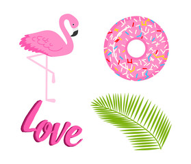 Summer icons. flamingo and tropical palm. Fun sticker for Girl, fashion cute patch, badge, pin. Collection different elements for notebook. Vector trendy illustration.