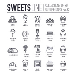 Fototapeta na wymiar Cake stand in shop thin line illustration. outline sweet for party background. Food icon set on happy birthday or wedding. Vector collection object