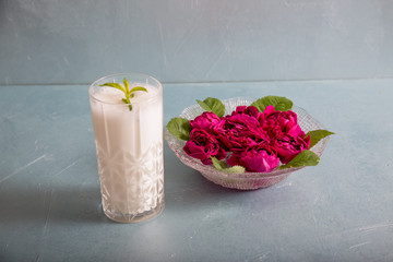 Ayran - liquid drink made from yogurt in ransparent glass cup