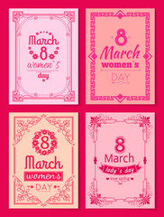 Naklejka premium Womens Day Postcard with Big Sign and Swirly Frame