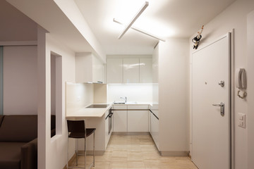 Design kitchen in modern apartment with stool