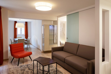 Elegant living room with leather sofa and a red designer armchair