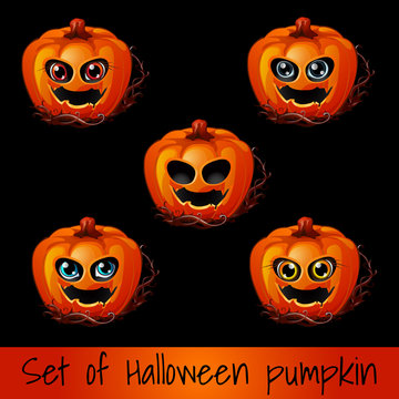 Set of ripe pumpkin with eyes and mouth, Jack-o-Lanterns. Attribute of the holiday of Halloween. Sketch for holiday cards, posters or invitations to the party. Vector illustration.