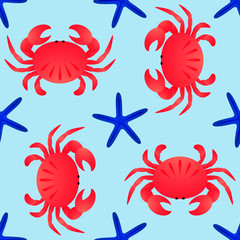 Vector seamless sea theme pattern. Crabs and sea stars on blue background, summer pattern