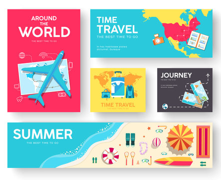 Tour of the world vector brochure cards set. Travel template of flyear, magazines, posters, book cover, banners. Summer vacation trip infographic concept background. Layout illustrations modern pages