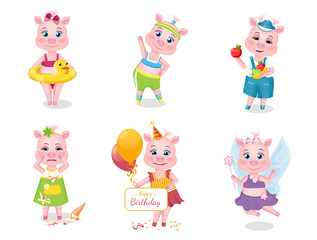 Little cartoon pigs characters posing in different situations set of vector illustrations