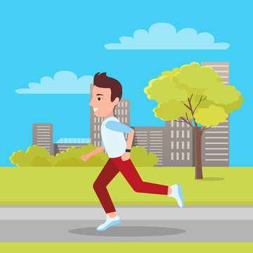 Man Jogging at City Park, Vector Illustration