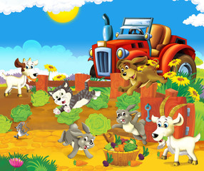 Obraz na płótnie Canvas cartoon scene with happy young animals and tractor in the garden - illustration for children 