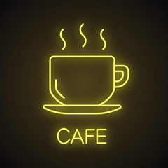 Cup with hot drink neon light icon