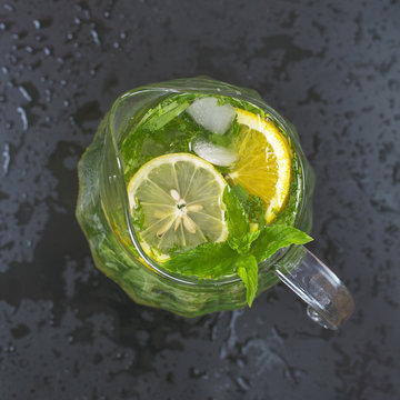 .Summer Refreshing Lemonade On A Dark Background. Format For Post In Instagram