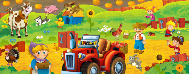 cartoon scene with happy farmer and his animals having fun on the farm - illustration for children
