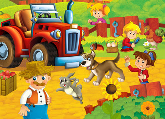 Obraz na płótnie Canvas cartoon scene with happy farmer and his animals having fun on the farm - illustration for children