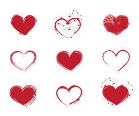 Variety of red paint and brush heart shapes in vector format - 206491036