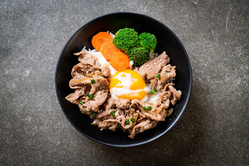 donburi, pork rice bowl with onsen egg and vegetable