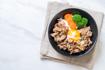 donburi, pork rice bowl with onsen egg and vegetable