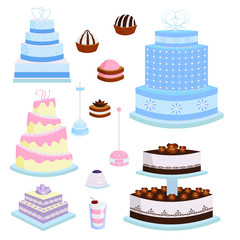 Wedding vector cake pie sweets dessert bakery flat simple style baked wedding-day food illustration.