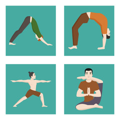 Yoga positions mans characters class cards meditation male concentration human peace lifestyle vector illustration.