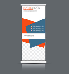 Roll up banner stand. Vertical information board design. Blue and orange color vector illustration.