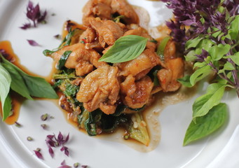 hot spicy chicken with basil thai food
