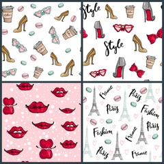 Fashion cosmetics accessories seamless pattern vector colors bright pink stylish fashioned vintage motive pastel illustration.