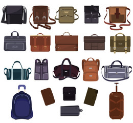 Man bag vector manlike fashion handbag or business briefcase and leather notecase or wallet of businessman illustration bagged set of male baggy accessory bagpack isolated on white background