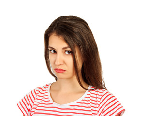 portrait of girl frown her face in displeasure. emotional girl isolated on white background