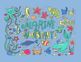 vector illustrations marine inhabitants.