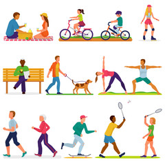 Active people vector woman or man character in sport activities training fitness workout exercises and doing yoga illustration set of adults and kids cycling on bicycle isolated on white background