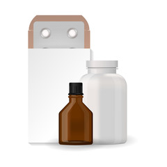 Bottle pack template mockup blank pharmaceutical blister of pills and capsules tube container for drugs clean plastic packaging for medication vector illustration.