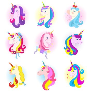 Unicorn vector cartoon horse character with magic horn and rainbow mane in children dreams illustration horsey set of fantasy colorful animal for kids isolated on white background