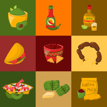 Mexican traditional food cards with meat avocado tequila corn spicy pepper salsa lunch sauce cuisine vector illustration