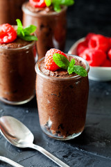 Pots Of Chocolate Mousse With Raspberries