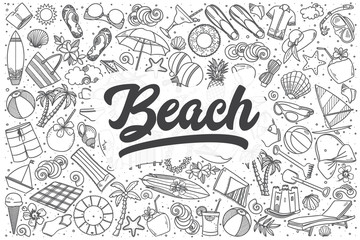 Hand drawn beach vector doodle set.