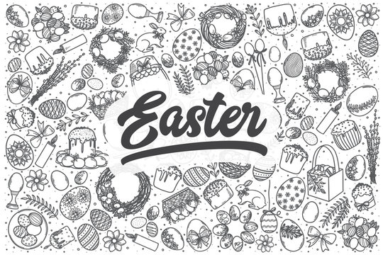 Hand drawn easter vector doodle set.