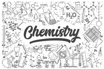 Hand drawn chemistry vector doodle set.