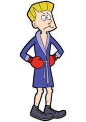Puzzled boxer man/ Illustration cartoon skinny fighter wearing blue boxing robe and red gloves 