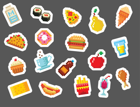 Pixel Art Food Computer Design Icons Vector Illustration Restaurant Pixelated Element Fast Food Retro Game Web Graphic.