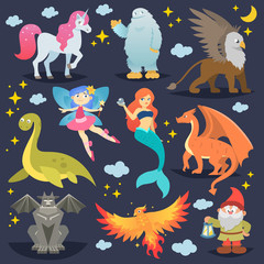 Mythological animal vector mythical creature phoenix or fantasy fairy and characters of mythology mermaid or unicorn and griffin illustration set of cartoon beasts isolated on background