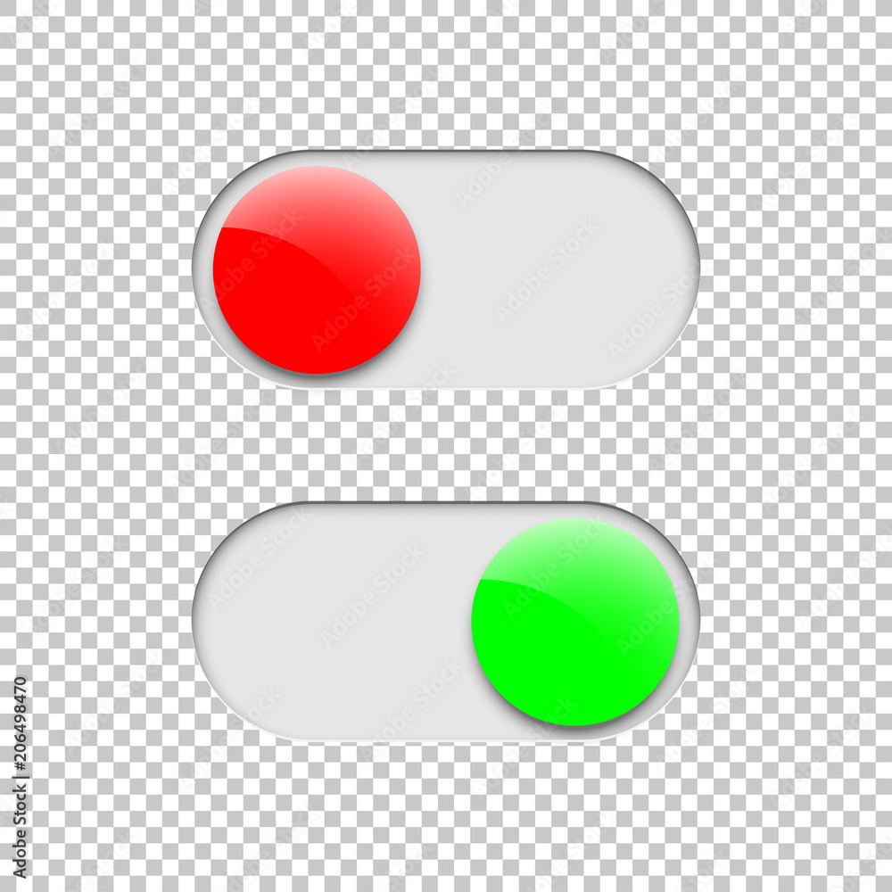 Poster green on and red off toggle switch buttons isolated on transparent background. vector design element