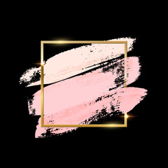 Pastellrosa Pinselstriche mit goldenem quadratischem Rahmen isoliert auf schwarzem Hintergrund. Vektor-Design-Elemente. © backup16