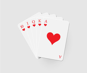 Royal flush of hearts. Vector poker combination isolated on gray background.