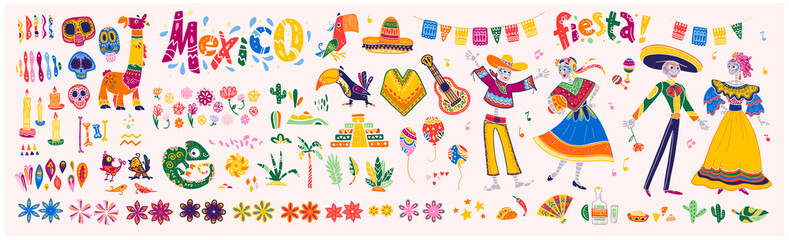 Big vector set of mexico elements, skeleton characters, animals in flat hand drawn style isolated on white background. Icons for fiesta, celebration, national patterns, decoration, traditional food.