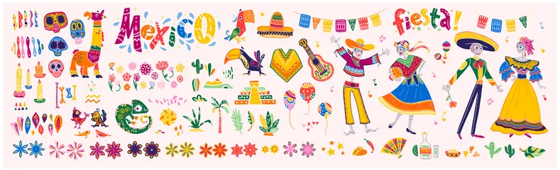 Foto op Aluminium Big vector set of mexico elements, skeleton characters, animals in flat hand drawn style isolated on white background. Icons for fiesta, celebration, national patterns, decoration, traditional food. © artflare