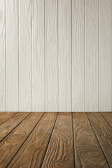brown striped tabletop and white wooden wall