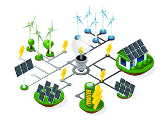 a set of sources of alternative energy. green energy. isometric 3d