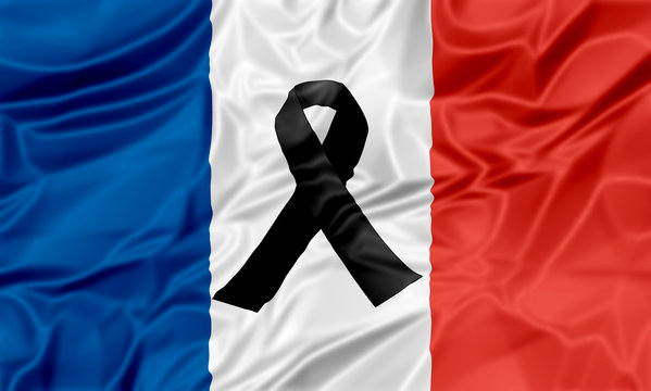 Black ribbon on flag of France in memory of victims of terrorist attack.