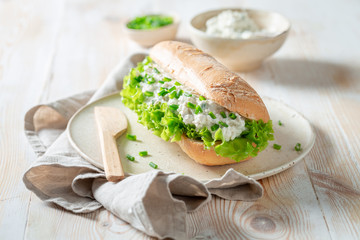 Fresh sandwich with crunchy bread, fromage cheese and chive