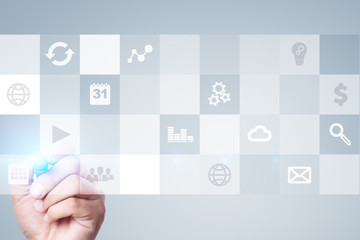 Virtual screen interface with applications icons. APPS. Strategy planning Internet technology concept.