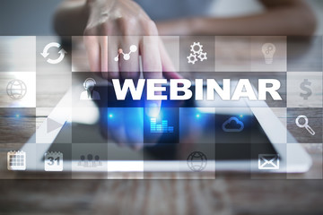 Webinar. E-Learning, Online Education concept. Personal development. Virtual screen.