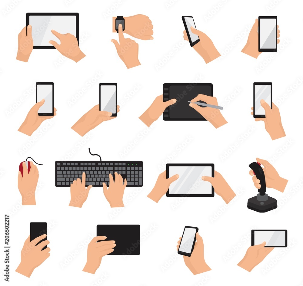 Poster hands with gadgets vector hand holding phone or tablet illustration set of character working on digi